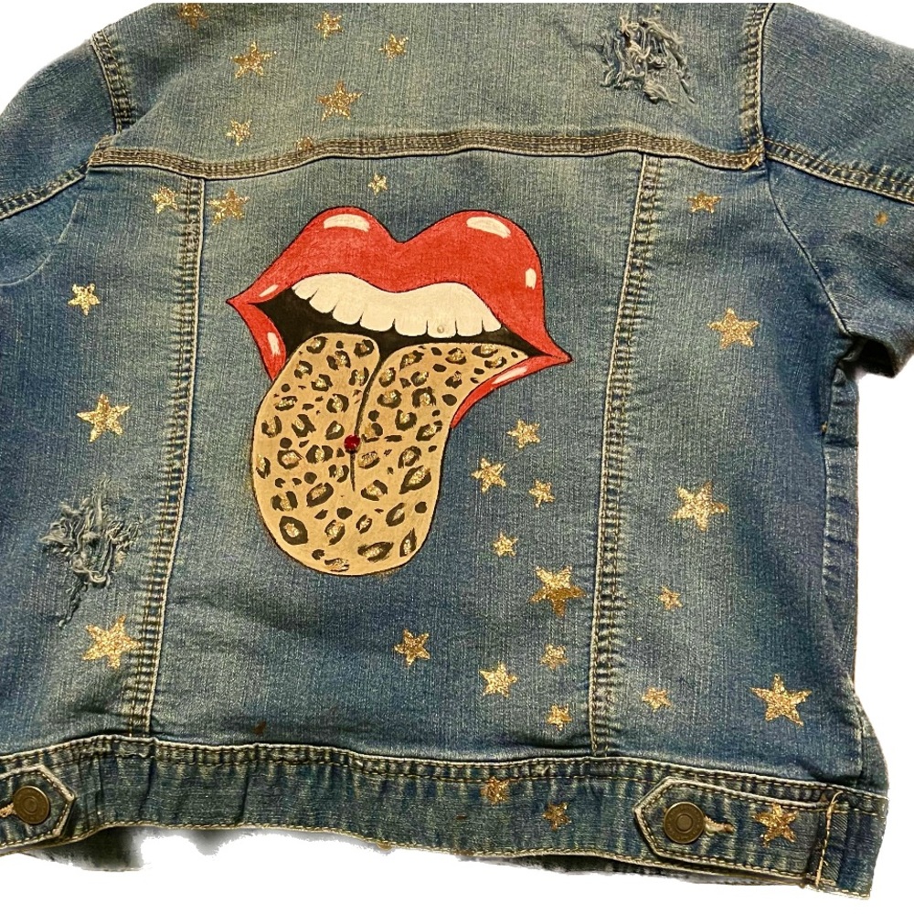 Ladies Hand Painted Stretch Denim Jacket, Rolling Stone’s Mouth w Leopard Tongue